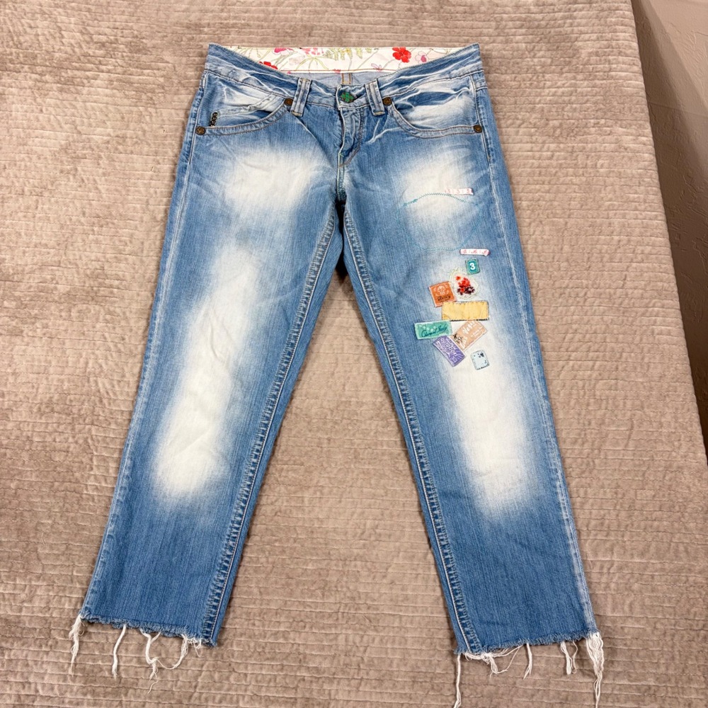 Replay Blue Jeans Made in Italy Patched Frayed Hem Light Wash Denim Womens 31